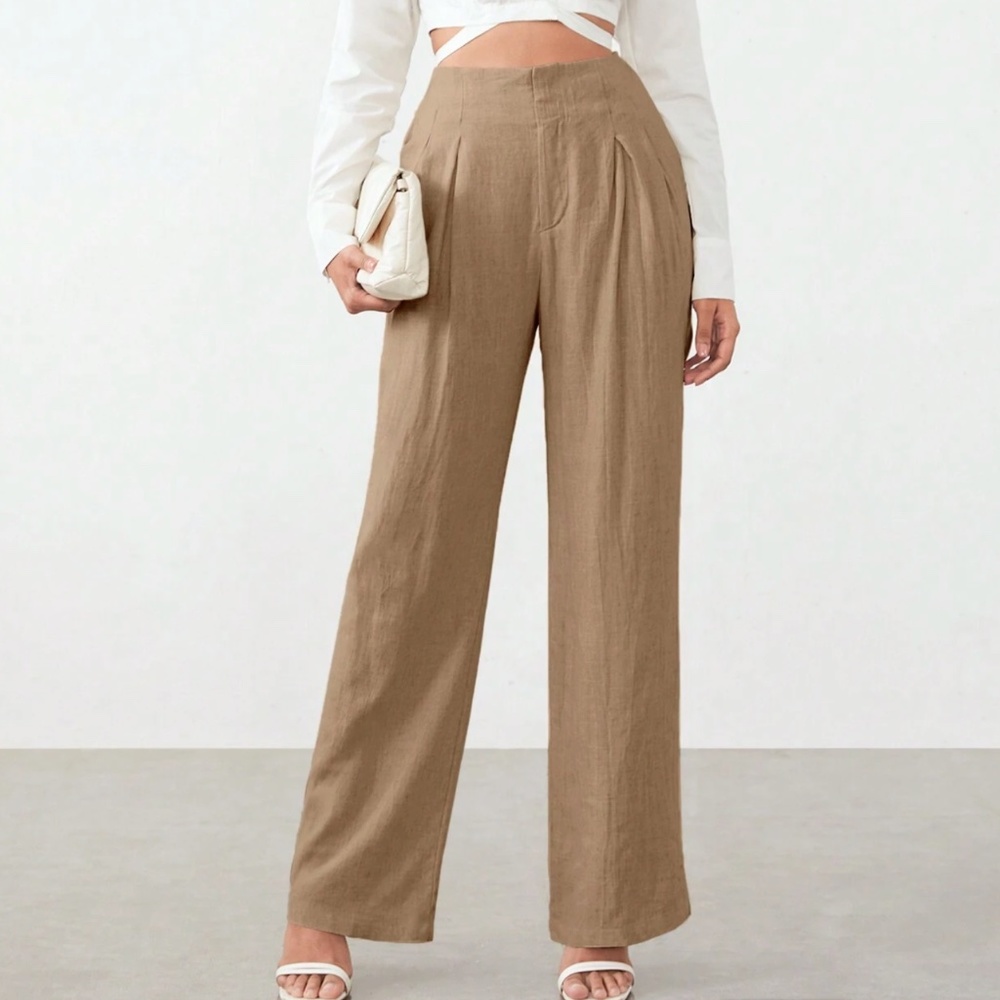 Classic Cream Linen Wide Leg Pockets Pants Trousers - Picture 7 of 10